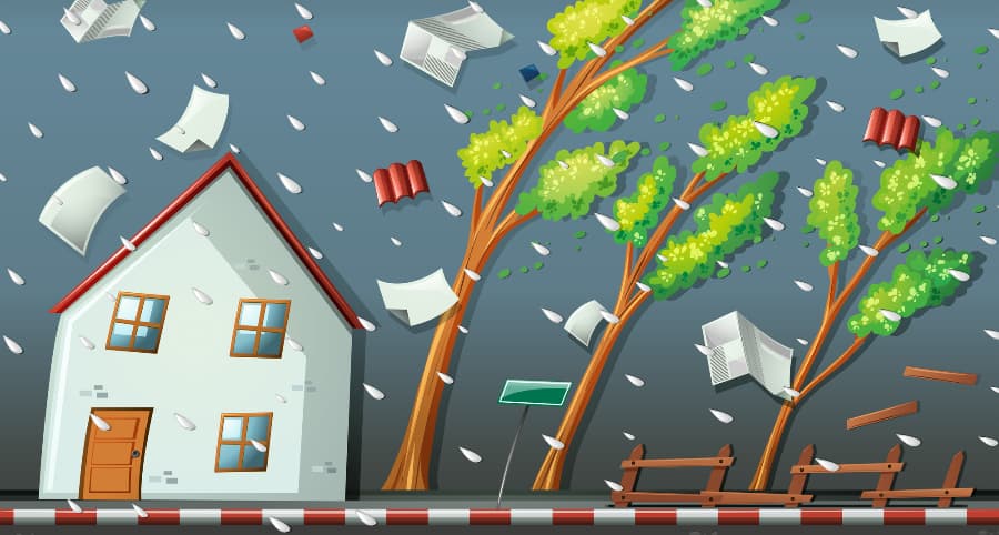 Representation of a storm affecting a residence and the immediate surroundings